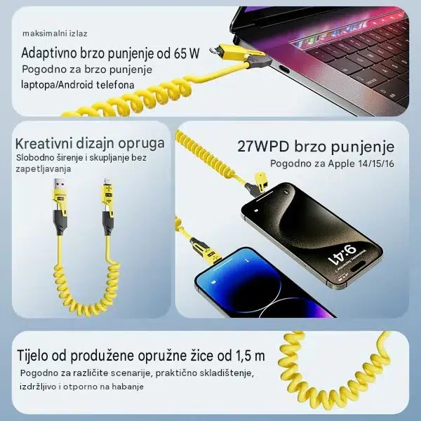 4 u 1 Uvlačivi Kabl za Brzo Punjenje – 65W